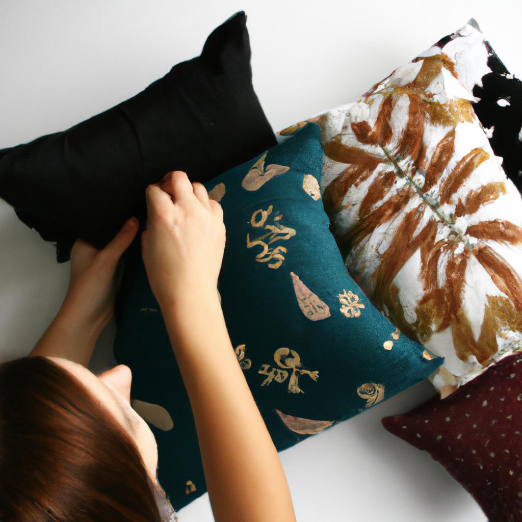 Person arranging decorative pillows