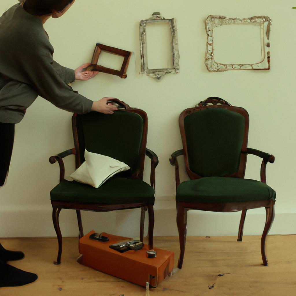 Person arranging vintage furniture props